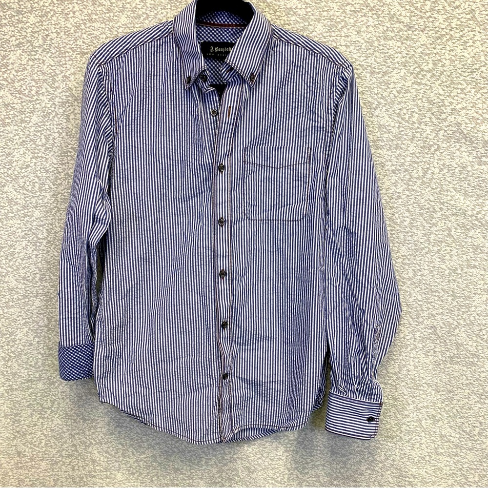 J CAMPBELL Small Button Shirt Blue White Stripe Long Sleeve Contrast Cuff #975